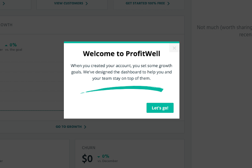 profitwell welcome modal that reinforces the core value propostion by reminding users of their goals
