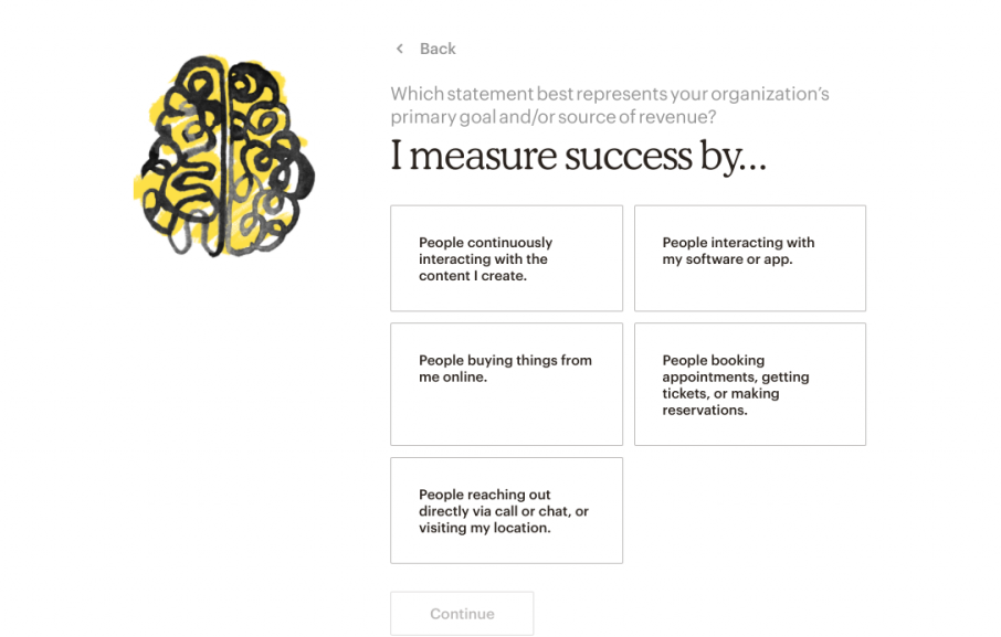 This is a screenshot of Mailchimp's onboarding flow showing personalization in onboarding. It shows an illustration of a brain colored in with yellow and the personalization prompt "I measure success by..." followed by 5 answers.