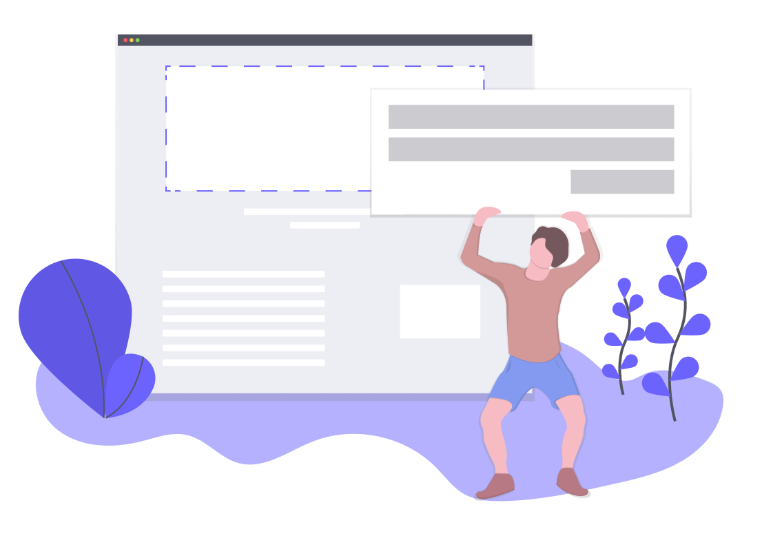 This is an illustration of a man holding up a giant UI element while a screen hovers in the background. There are purple plants in the foreground. This represents the changing nature of UI and UX patterns.