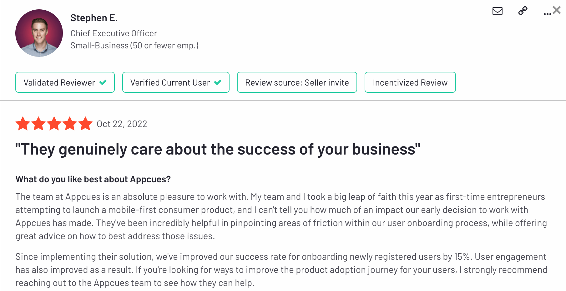 Appcues G2 review citing improved onboarding