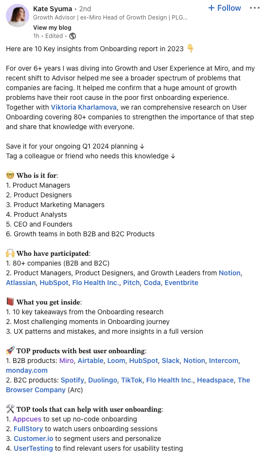 Appcues user onboarding tool recommendation from Miro's former head of growth