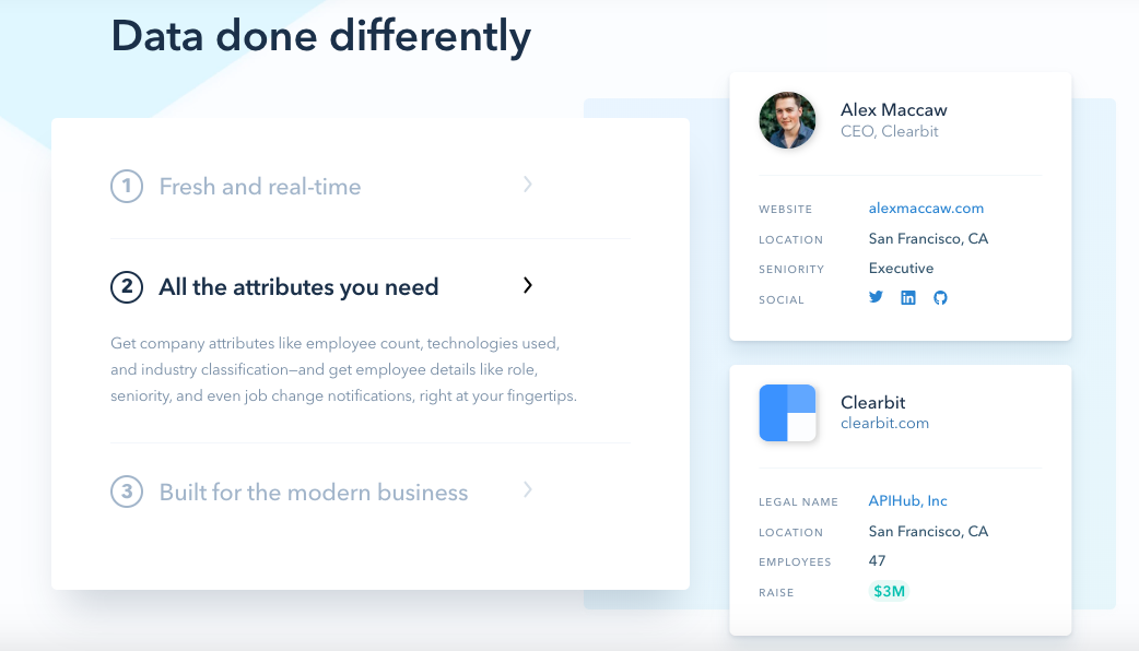 clearbit data attributes sales marketing leads